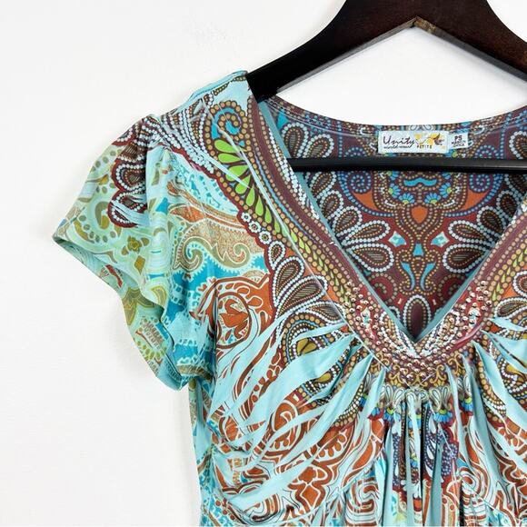 Unity World Wear Y2K Blue Short Sleeve Blouse Size Small Petite - Picture 2 of 5